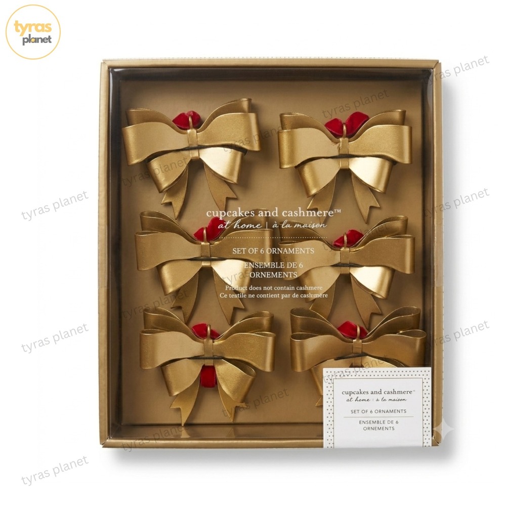 Cupcakes & Cashmere Gold Bow Christmas Holiday Ornaments Set of 6 NEW